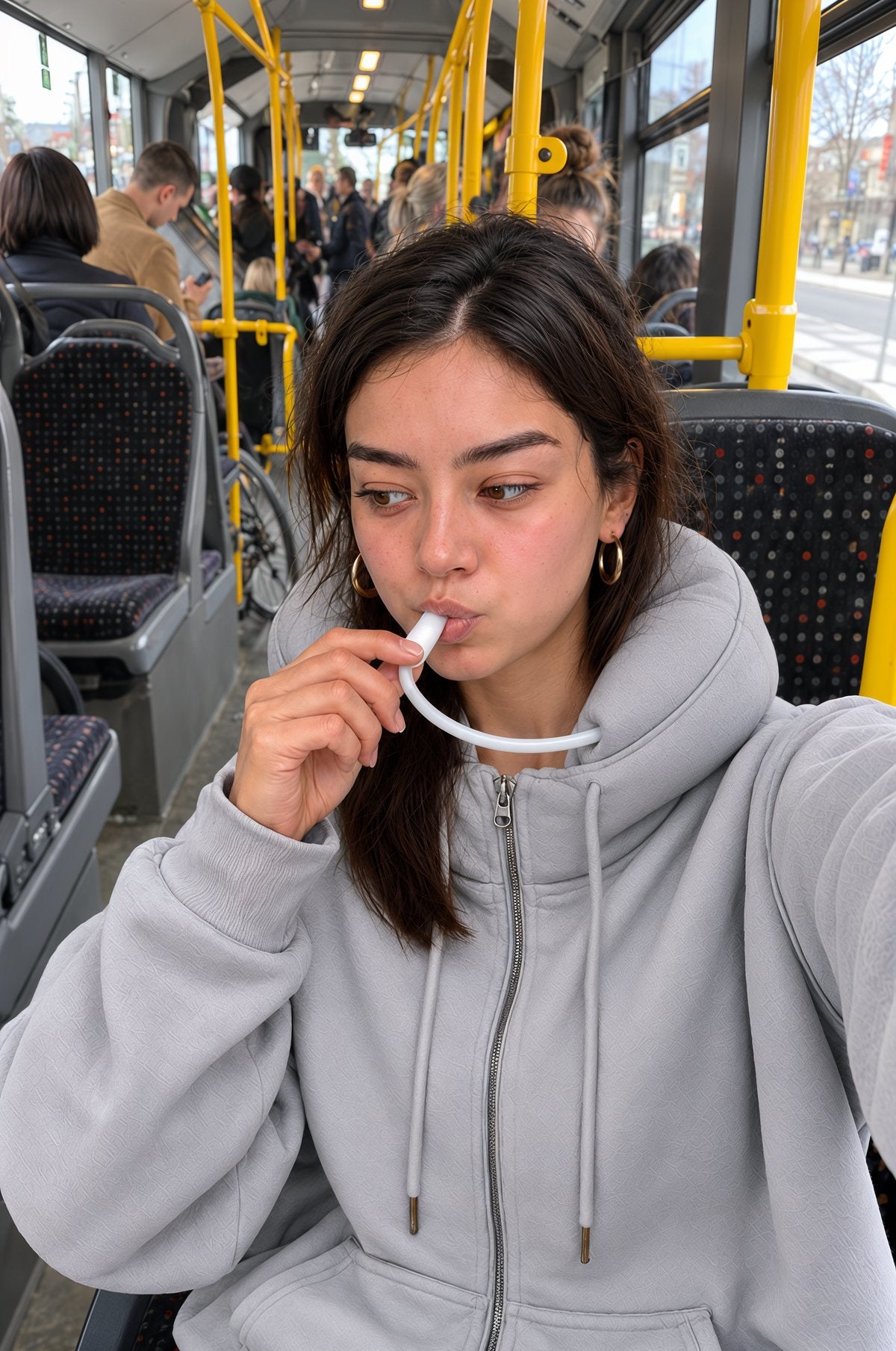 Passenger resting in a black Cloushy hoodie on a bus